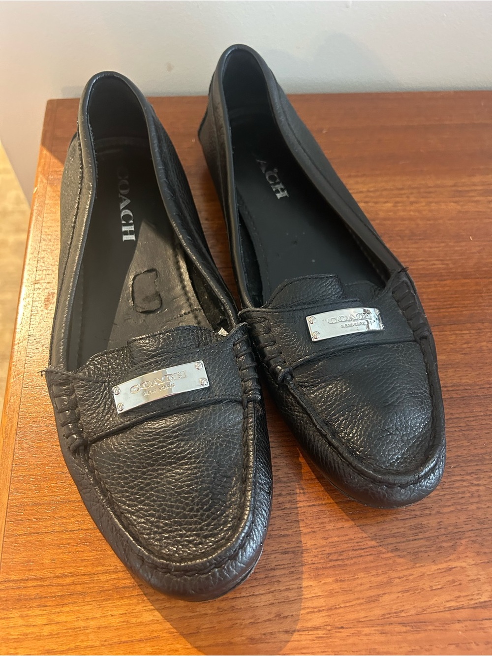 Coach Black Leather Women's Loafers with Logo Plate